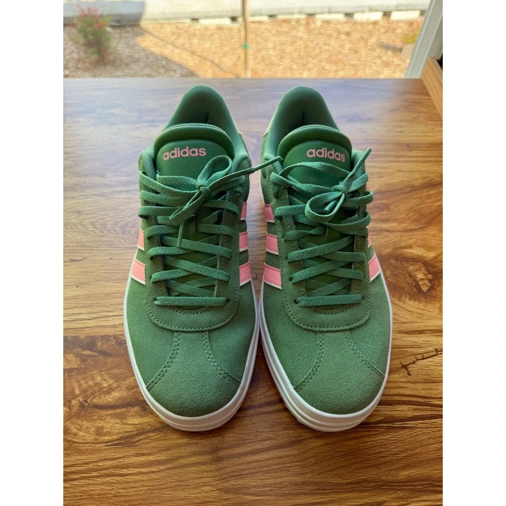 Adidas VL Court Platform Green Suede Pink Stripes Women Sneakers Low Top 8.5